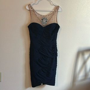 Cache' Stunning Navy Blue Bejeweled Netting Ruched Dress..